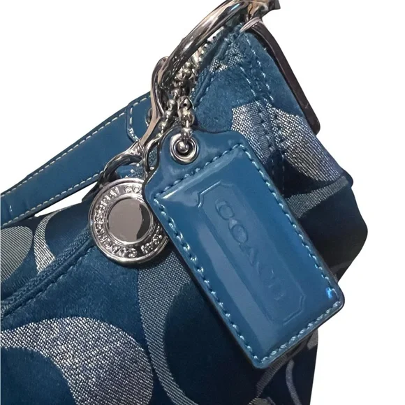 COACH F20428 Signature Handbag Teal Green Silver Jacquard Women Vintage - Picture 7 of 12